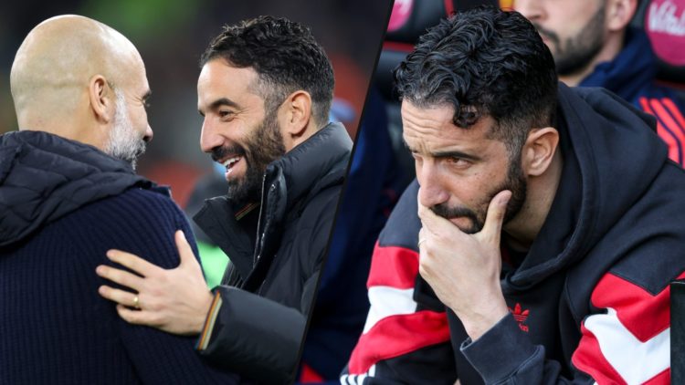 Manchester City manager Pep Guardiola and Manchester United head coach Ruben Amorim, inset a photo of the former Sporting CP boss.zz