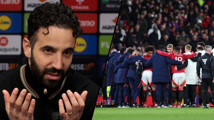 Ruben Amorim speaks after the Europa League match against Real Sociedad at Old Trafford, inset a photo of Manchester United players.