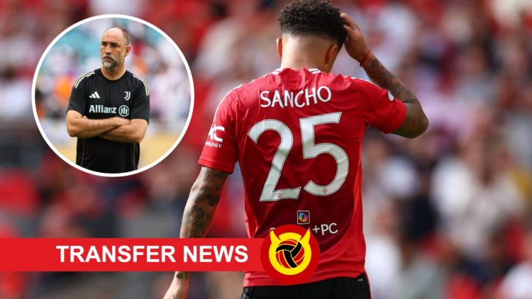 Manchester United winger Jadon Sancho faces away, inset of Juventus manager Igor Tudor.