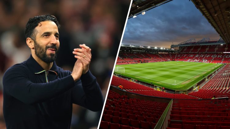 Split image of Manchester United head coach Ruben Amorim and home stadium Old Trafford.