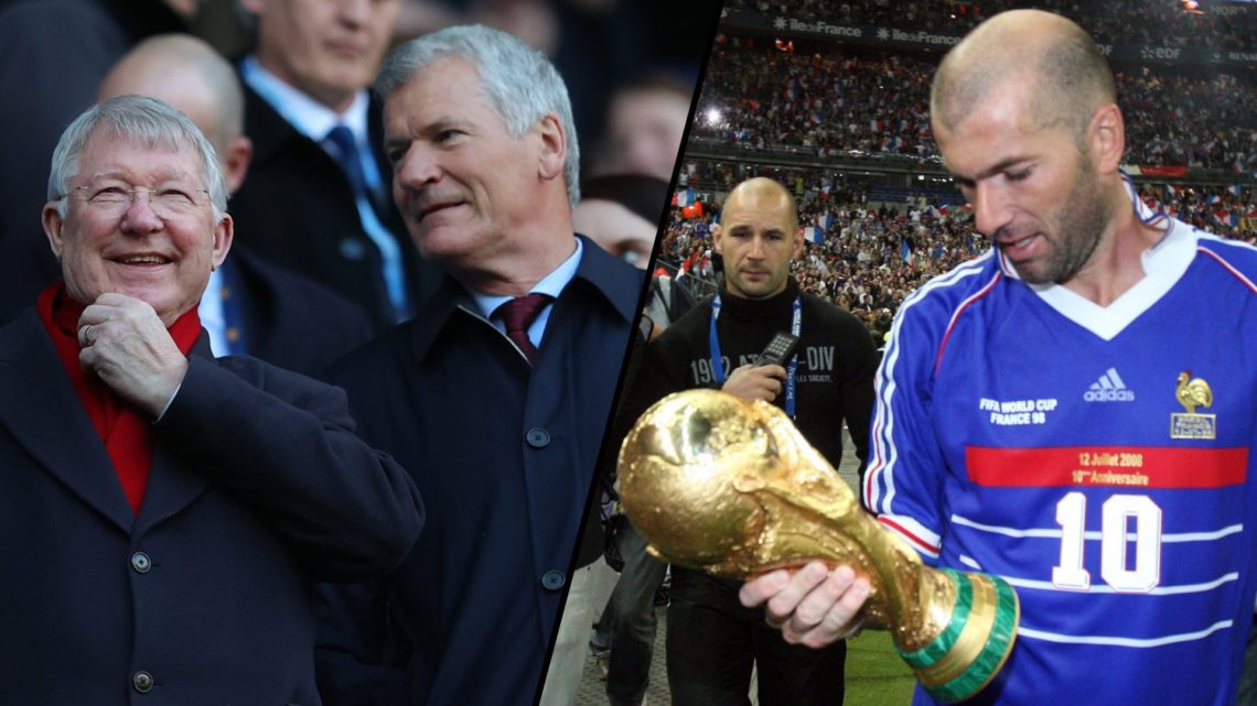 Sir Alex Ferguson and David Gill look at a Manchester United match, inset France and Real Madrid legend Zinedine Zidane.