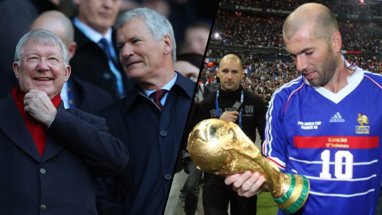 Sir Alex Ferguson and David Gill look at a Manchester United match, inset France and Real Madrid legend Zinedine Zidane.