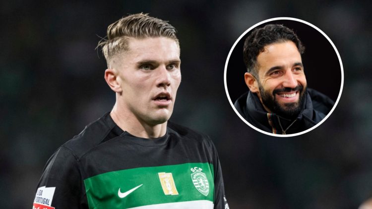 Split image of Viktor Gyokeres and Manchester United head coach Ruben Amorim smiling.