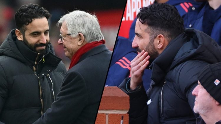 Ruben Amorim speaks with Sir Alex Ferguson ahead of a Premier League match, inset a photo of the Manchester United manager.