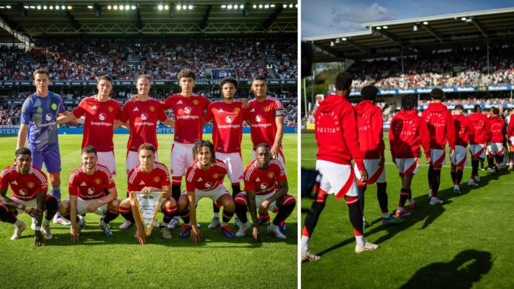 Manchester United squad photo before facing Rosenborg, split image with players walking out.