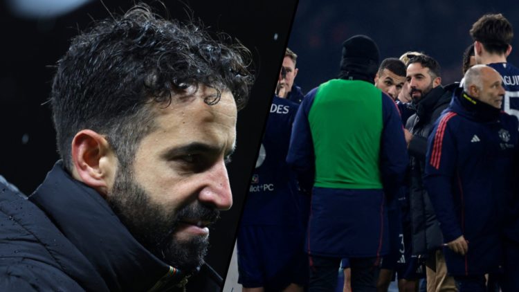 Ruben Amorim with his Manchester United players in the FA Cup, inset a photo of the Manchester United manager.