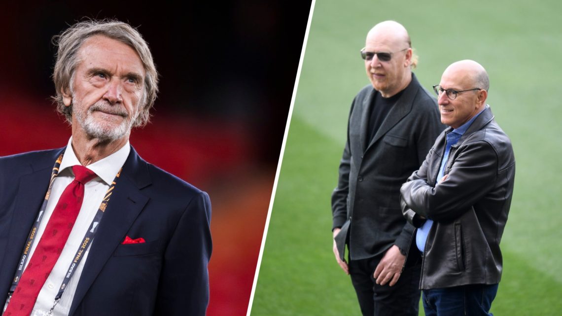 Sir Jim Ratcliffe in formal attire, split Avram and Joel Glazer standing together
