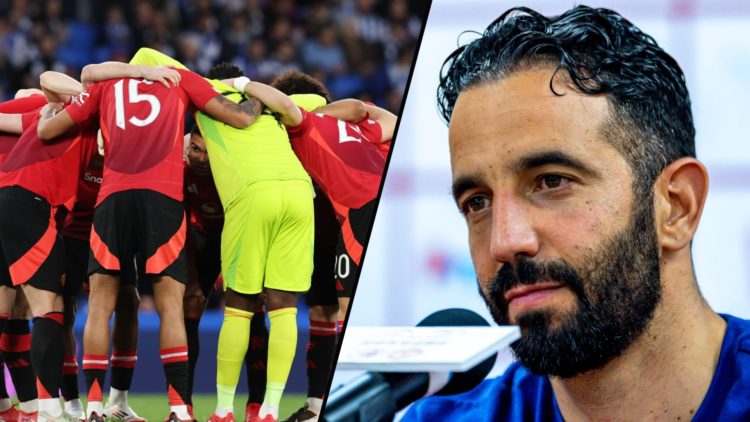 Manchester United manager Ruben Amorin, inset a photo of the Manchester United first-team players.