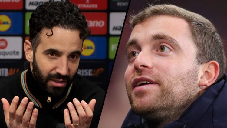 Manchester United manager Ruben Amorim speaks to the media, inset a photo of transfer news reporter Fabrizio Romano.