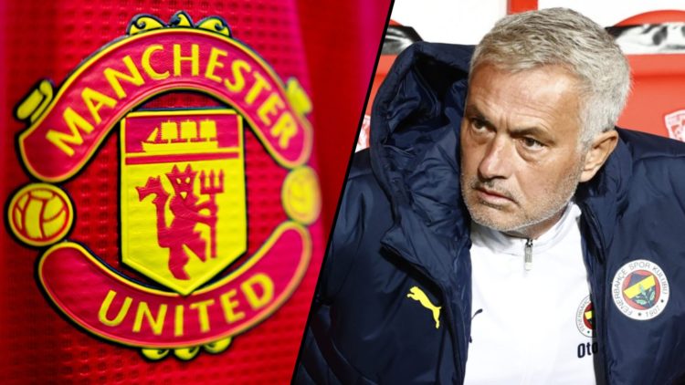 Fenerbahce manager Jose Mourinho during a Europa League match, inset a photo of the Manchester United club crest.