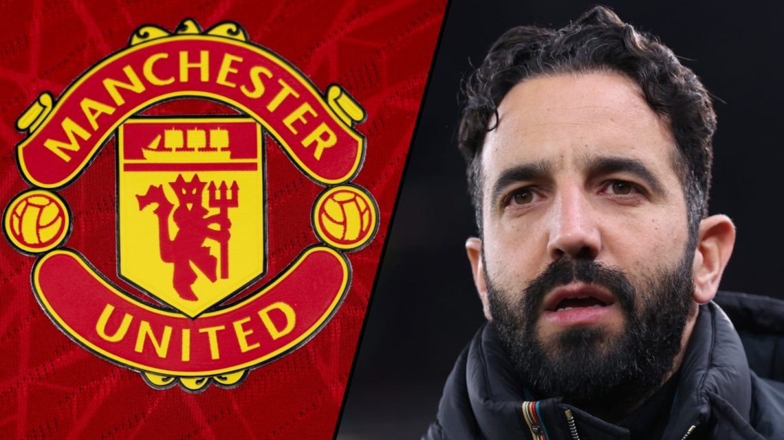 Manchester United manager Ruben Amorim ahead of a Europa League match, inset a photo of the Red Devils’ badge.