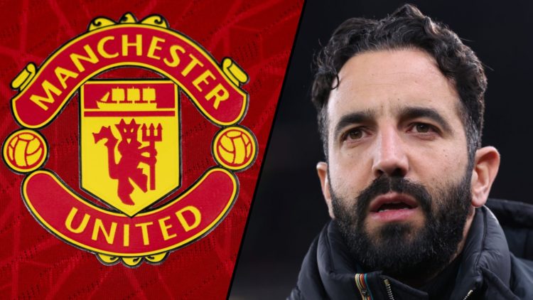 Manchester United manager Ruben Amorim ahead of a Europa League match, inset a photo of the Red Devils’ badge.