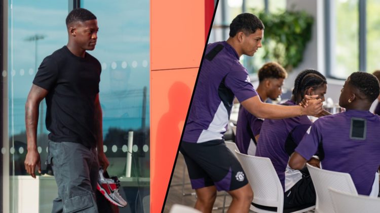 Kobbie Mainoo arrives for pre-season training at Carrington, inset a photo of the Manchester United and England midfielder.