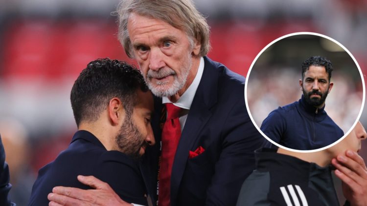 Manchester United head coach Ruben Amorim consoled by Sir Jim Ratcliffe after Europa League final.