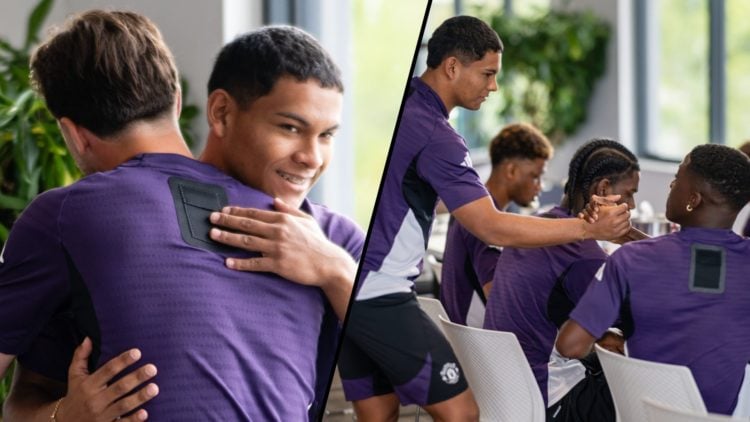 Manchester United players Diego Leon and Kobbie Mainoo arrive at Carrington, inset a photo of Ruben Amorim’s new summer signing.