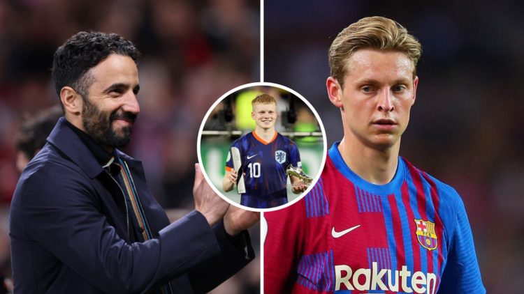 Manchester United head coach Ruben Amorim, Barcelona midfielder Frenkie de Jong, Netherlands midfielder Kees Smit.