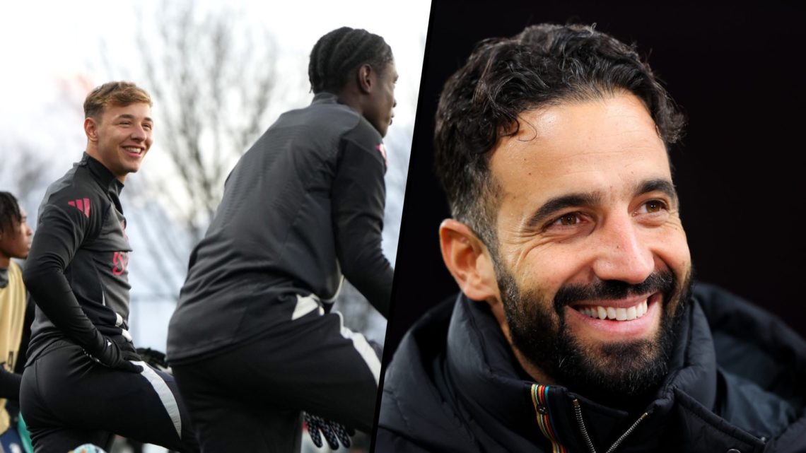 Split image showing Amir Ibragimov stretching in warm-up for Manchester United and Ruben Amorim smiling during press event.