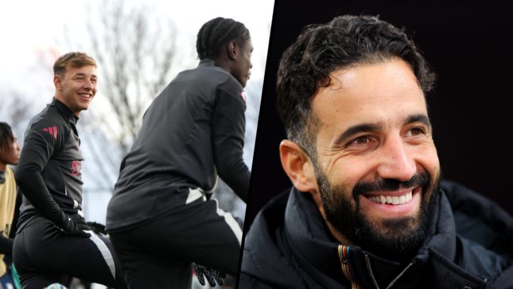 Split image showing Amir Ibragimov stretching in warm-up for Manchester United and Ruben Amorim smiling during press event.