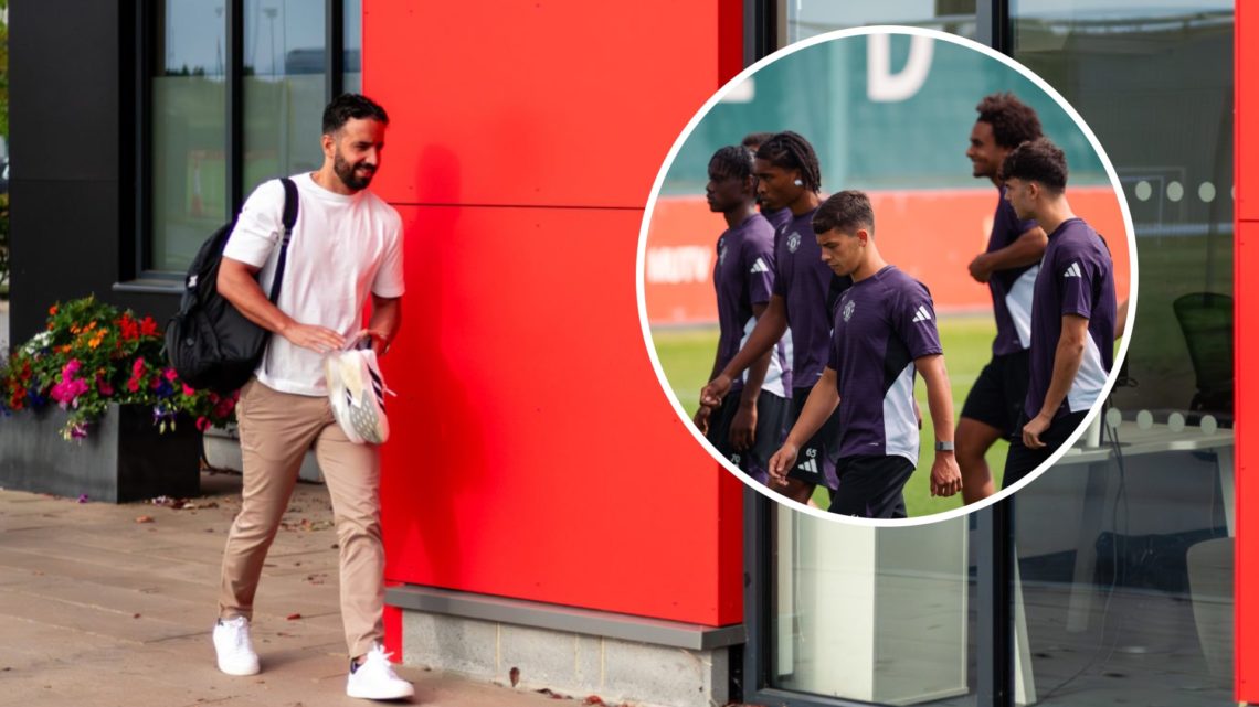 Ruben Amorim arriving for pre-season at Carrington. Inset, Manchester United squad in training