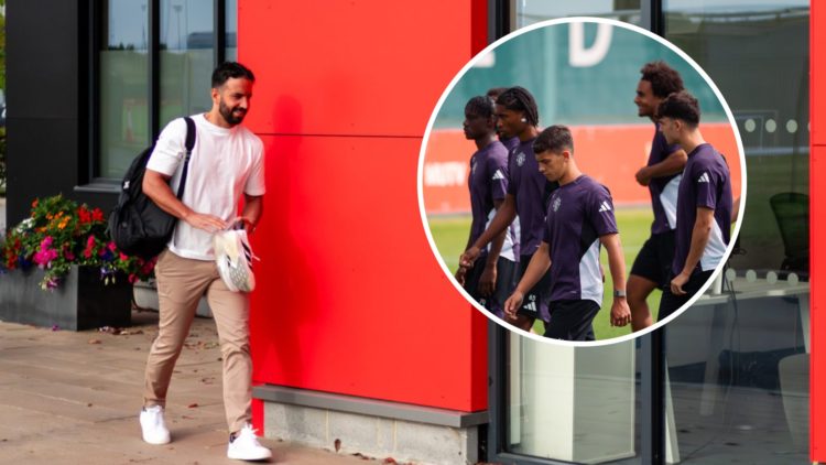 Ruben Amorim arriving for pre-season at Carrington. Inset, Manchester United squad in training