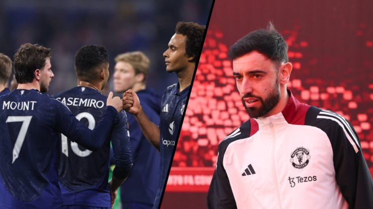 Split image, Mason Mount and Joshua Zirkzee handshake and Bruno Fernandes wearing Manchester United jacket.