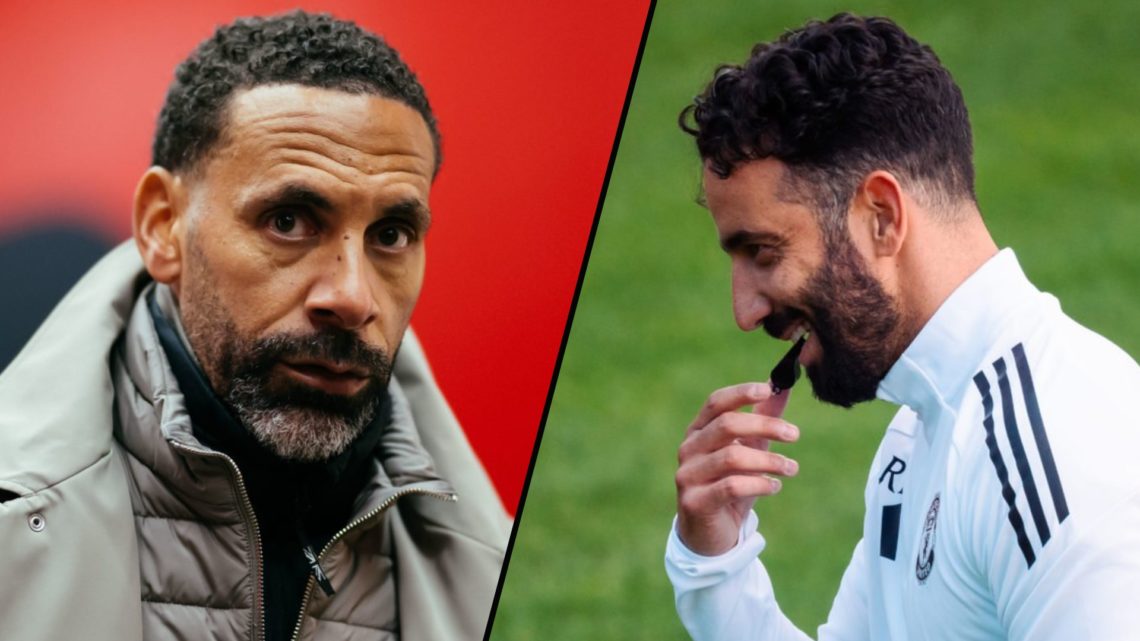 Manchester United legend Rio Ferdinand arrives ahead of a Europa League match, inset a photo of Ruben Amorim.