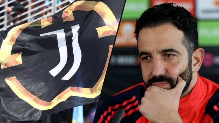 Manchester United manager Ruben Amorim during a Europa League press conference, inset a photo of a Juventus flag.