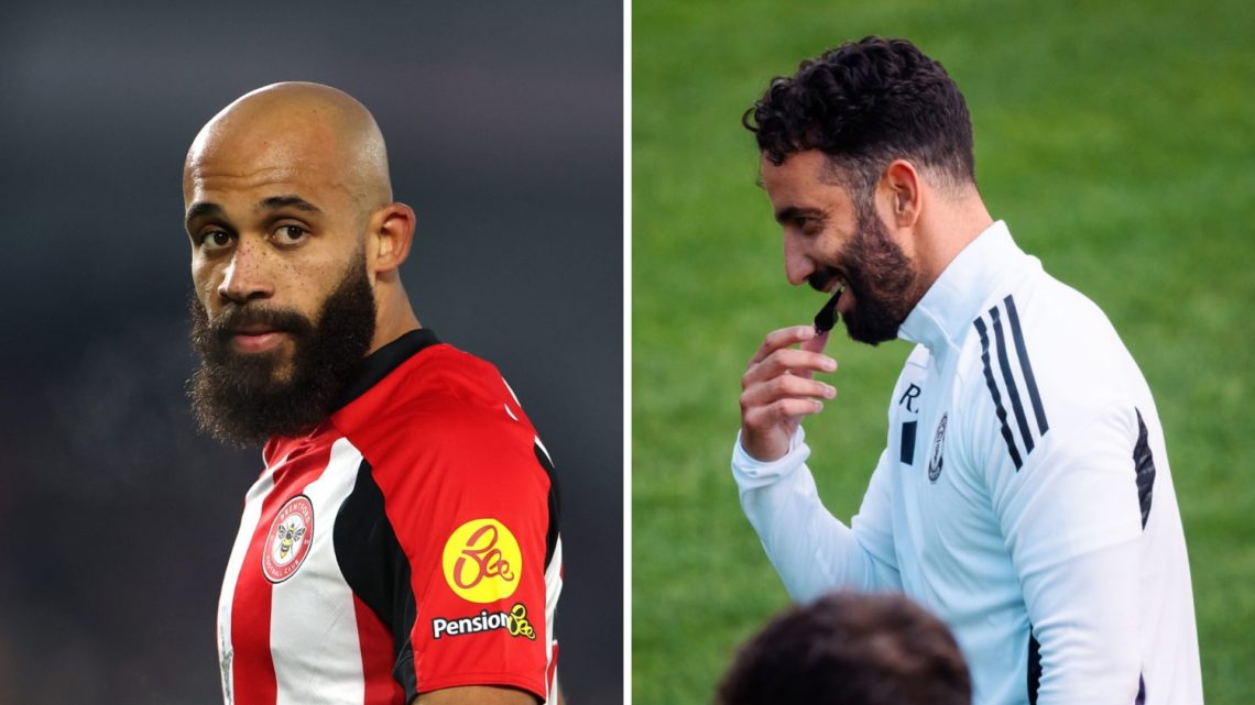 Brentford forward Bryan Mbeumo, split image of Manchester United head coach Ruben Amorim in training.