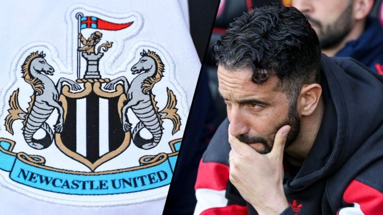 Manchester United manager Ruben Amorim during a Premier League match, inset a photo of a Newcastle shirt with the club crest.
