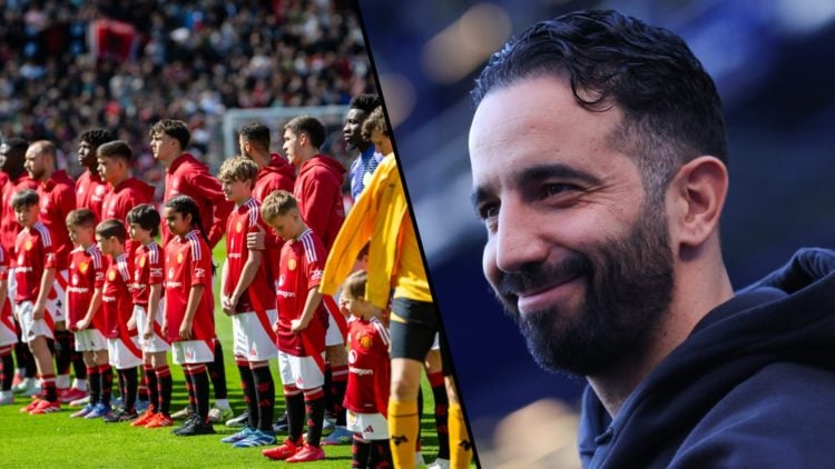Manchester United manager Ruben Amorim ahead of a Premier League match, inset a photo of first-team Manchester United players.