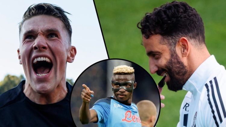 Manchester United manager Ruben Amorim, inset a photo of Sporting CP’s Viktor Gyokeres, overlaying image of Napoli’s Victor Osimhen.