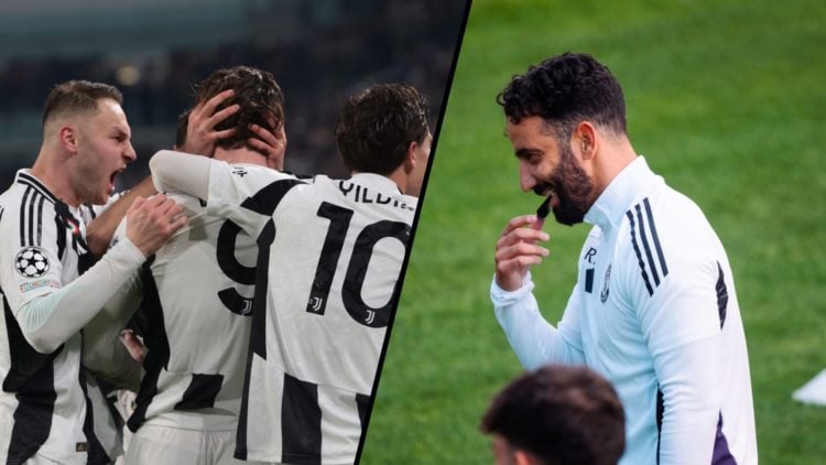 Split image, Juventus squad celebrate goal and Ruben Amorim blowing whistle during Manchester United training.