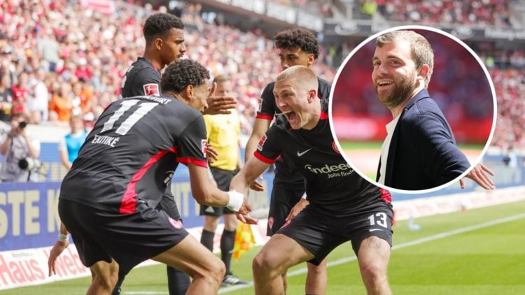 Eintracht Frankfurt striker Hugo Ekitike celebrating, inset of transfer journalist Fabrizio Romano.