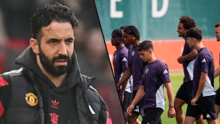 Manchester United manager Ruben Amorim during a Premier League match, inset a photo of Manchester United players training.
