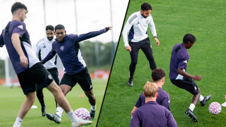 Manchester United player Diego Leon during a first-team training session, inset Ruben Amorim at the Carrington training complex.