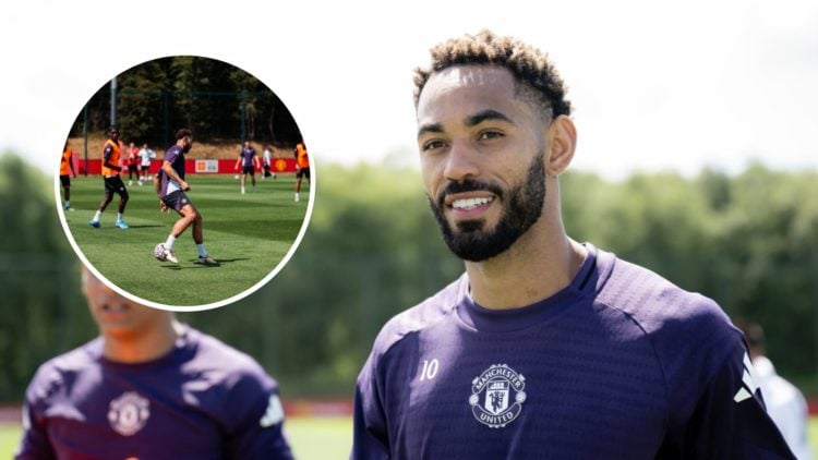 Manchester United forward Matheus Cunha in pre-season training at Carrington.