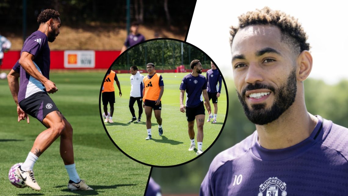 Matheus Cunha at the Carrington complex, inset the former Wolves star in first-team training and an overlaying image of the summer signing.