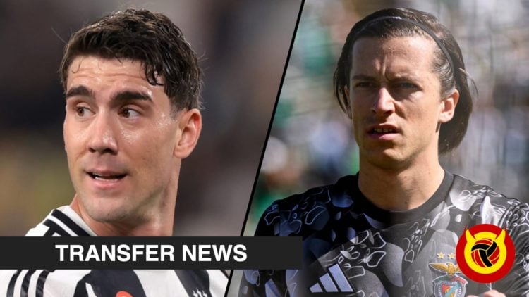 Manchester United-linked striker Dusan Vlahovic playing for Juventus, inset a photo of Benfica defender Alvaro Carreras.