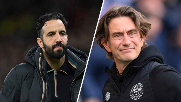 A split image of Manchester United boss Ruben Amorim (L) and Brentford boss Thomas Frank (R)