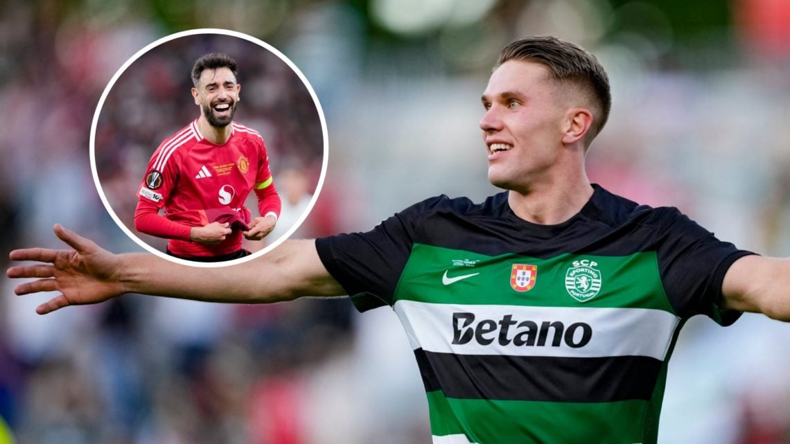 Sporting Lisbon striker Viktor Gyokeres celebrates, inset of captain Bruno Fernandes.