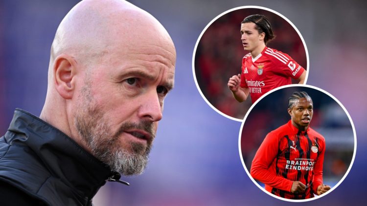 Erik ten Hag split image with Alvaro Fernandez and Tyrell Malacia