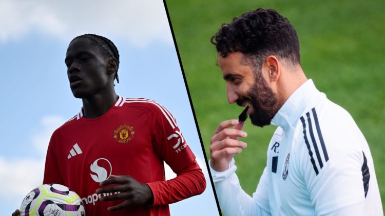 Split image, Bendito Mantato carries ball in Manchester United shirt and Ruben Amorim blowing whistle during training session at Carrington.