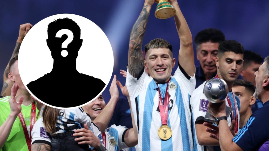 Lisandro Martinez lifting World Cup with Argentina teammates, inset mystery player icon.