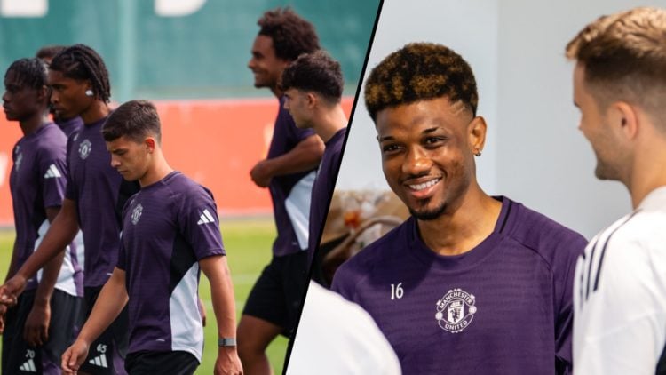 Manchester United players in pre-season training at the Carrington training complex, inset a photo of Manchester United winger Amad Diallo.