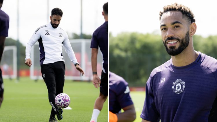 Split image of Manchester United head coach Ruben Amorim holding pre-season training and Matheus Cunha at Carrington.