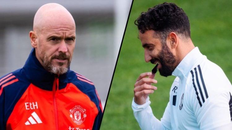 Manchester United manager Ruben Amorim holding a pre-season training session at Carrington, inset a photo of Erik ten Hag.