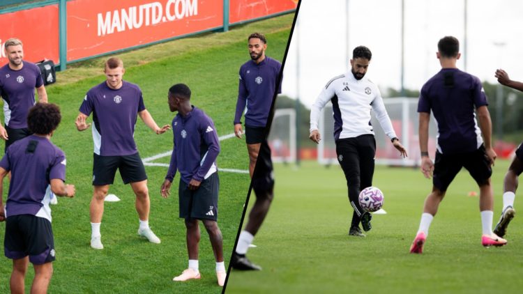Manchester United manager Ruben Amorim in pre-season training, inset Manchester United players at the Carrington complex.