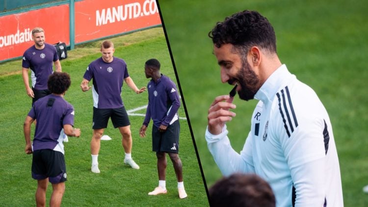 Split image, Manchester United squad in pre-season training doing rondo drill and Ruben Amorim blowing whistle.