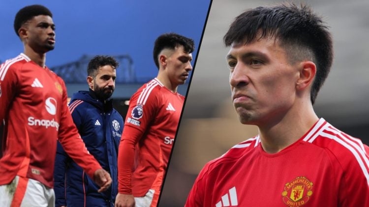 Manchester United and Argentina defender Lisandro Martinez, inset a photo of Ruben Amorim and Amad Diallo.