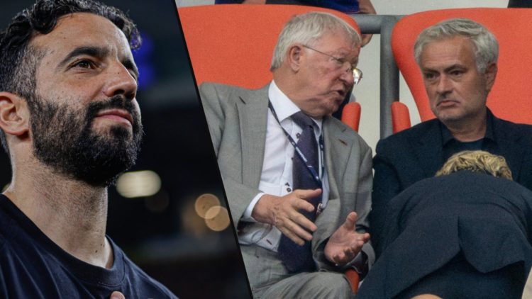 Sir Alex Ferguson and Fenerbahce manager Jose Mourinho at Euro 2024, inset a photo of Manchester United manager Ruben Amorim.